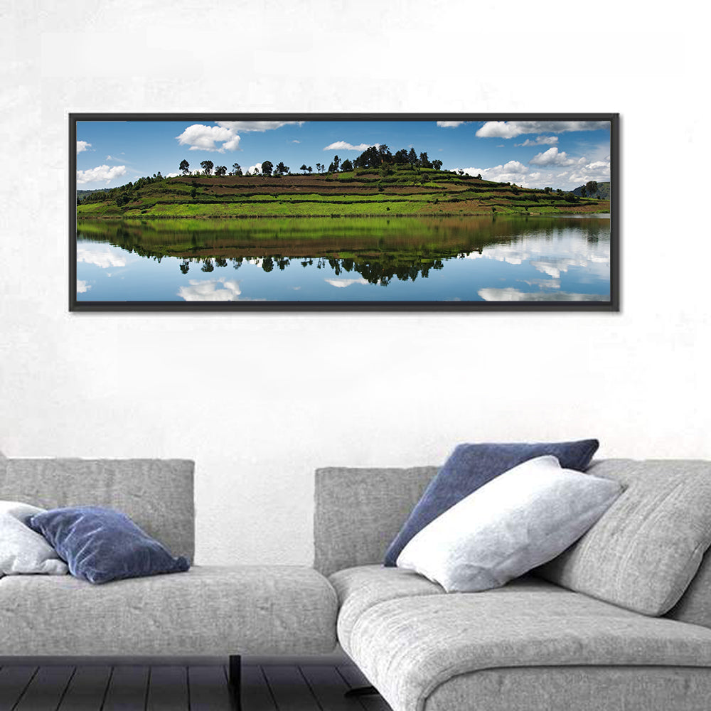 Bunyonyi Lake Reflection Wall Art in a room, panoramic
