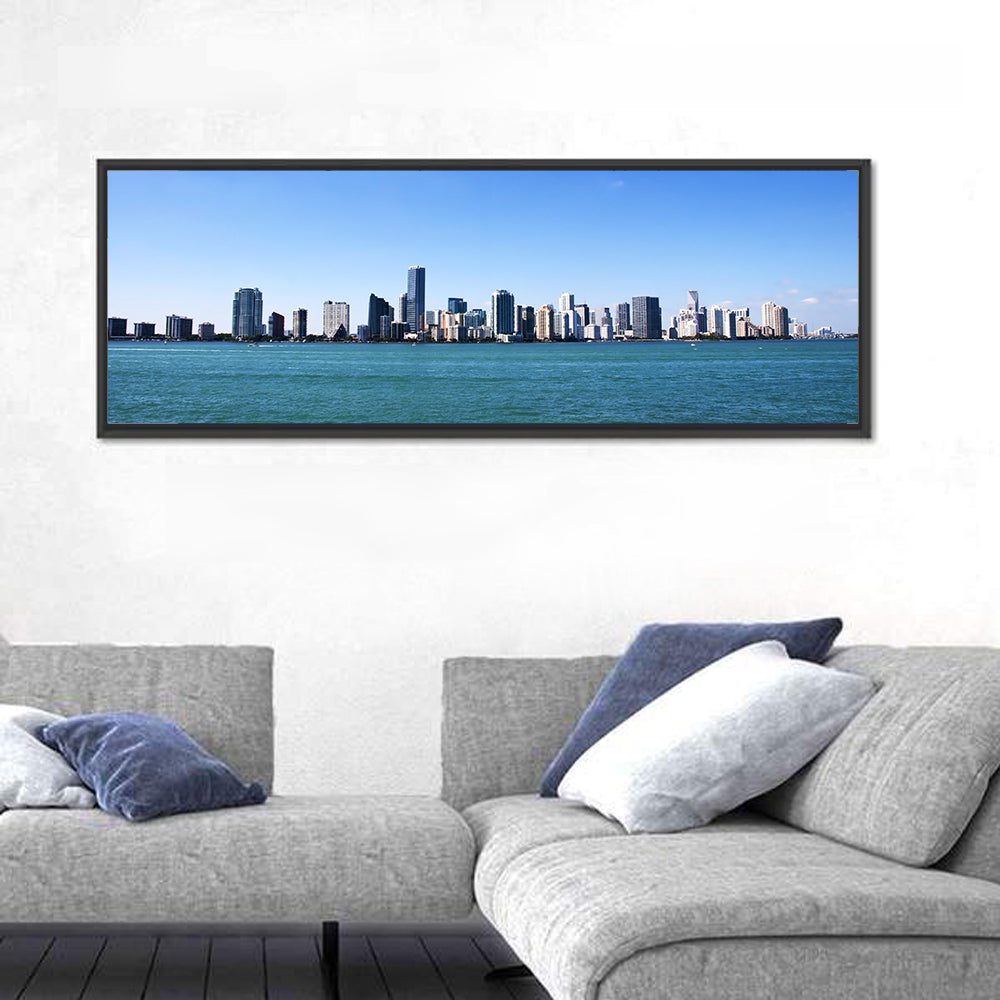 Miami Skyline Over Calm Blue Water Wall Art in a room, panoramic