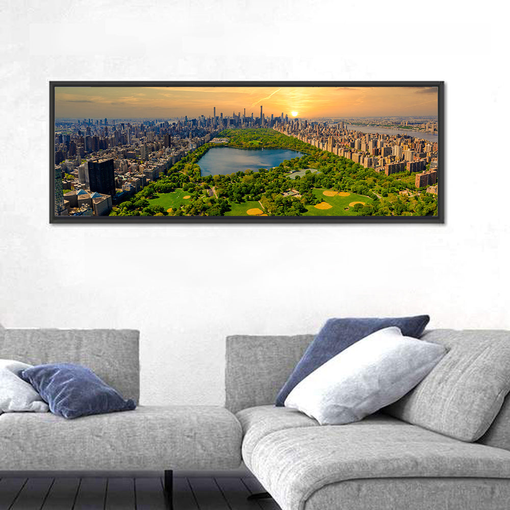 Central Park Reservoir at Dusk Wall Art in a room, panoramic