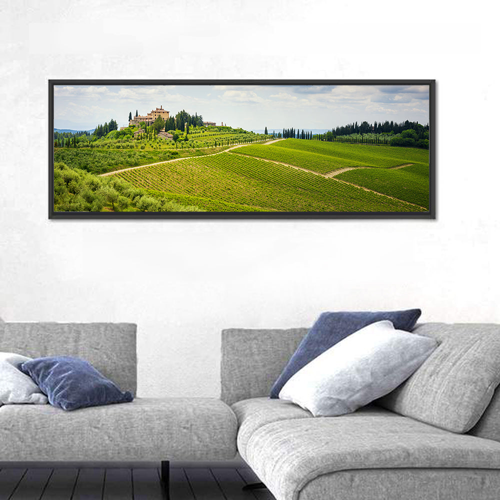 Chianti Vineyard Hills Wall Art in a room, panoramic