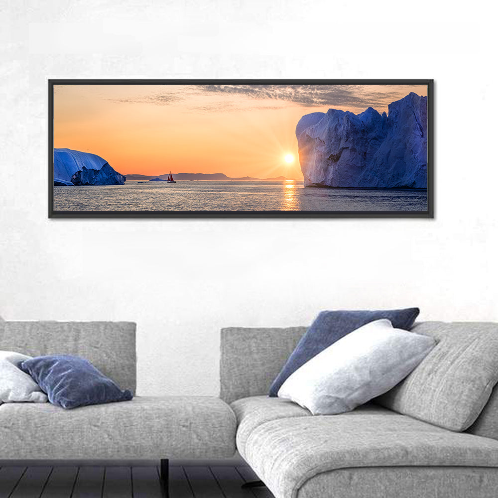 Ilulissat Glacier Sunset Wall Art in a room, panoramic