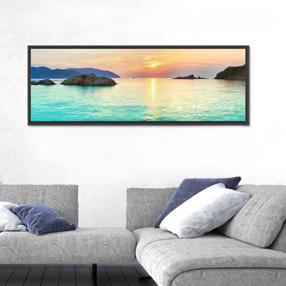 Con Dao Sunrise Over Turquoise Sea Wall Art in a room, panoramic