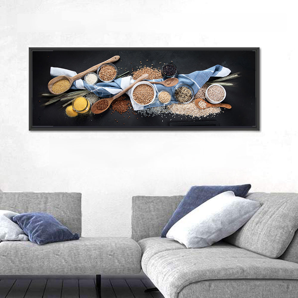 Assorted Grains in Bowls Wall Art in a room, panoramic