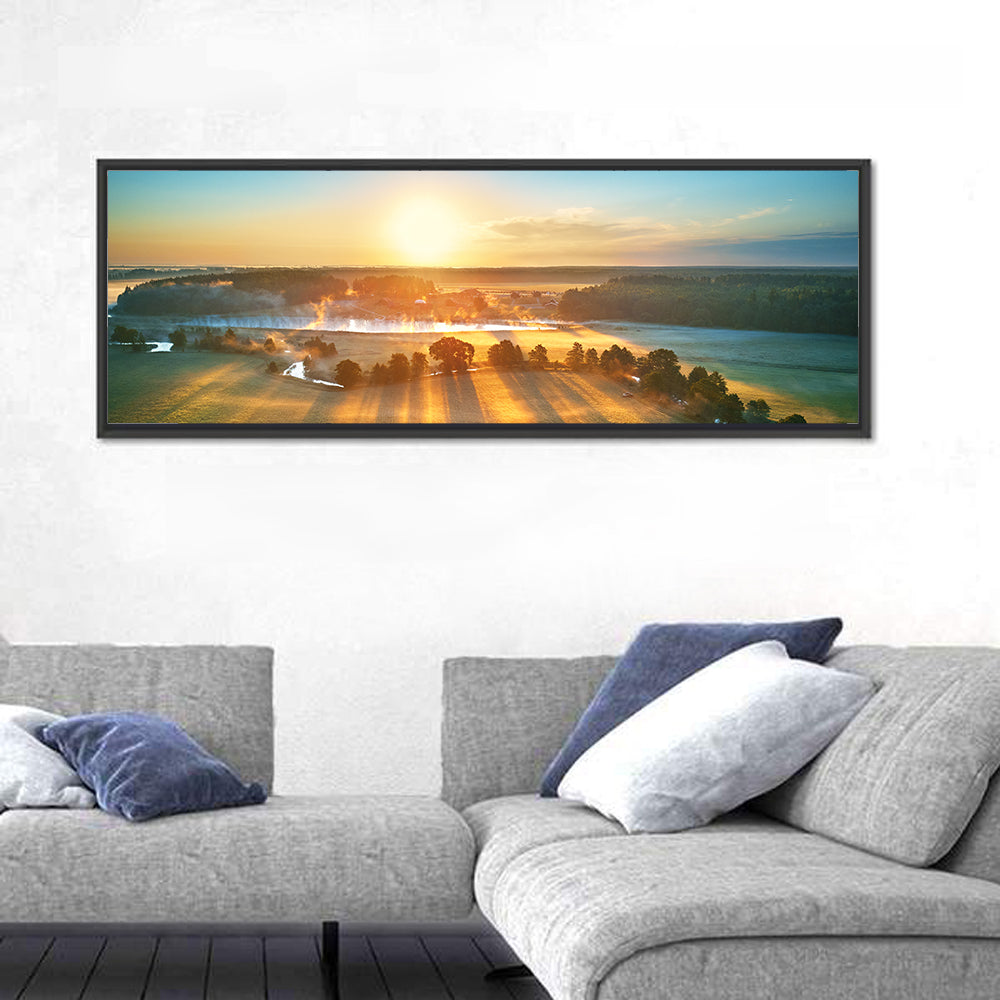 Sunrise Over Misty Meadow Wall Art in a room, panoramic