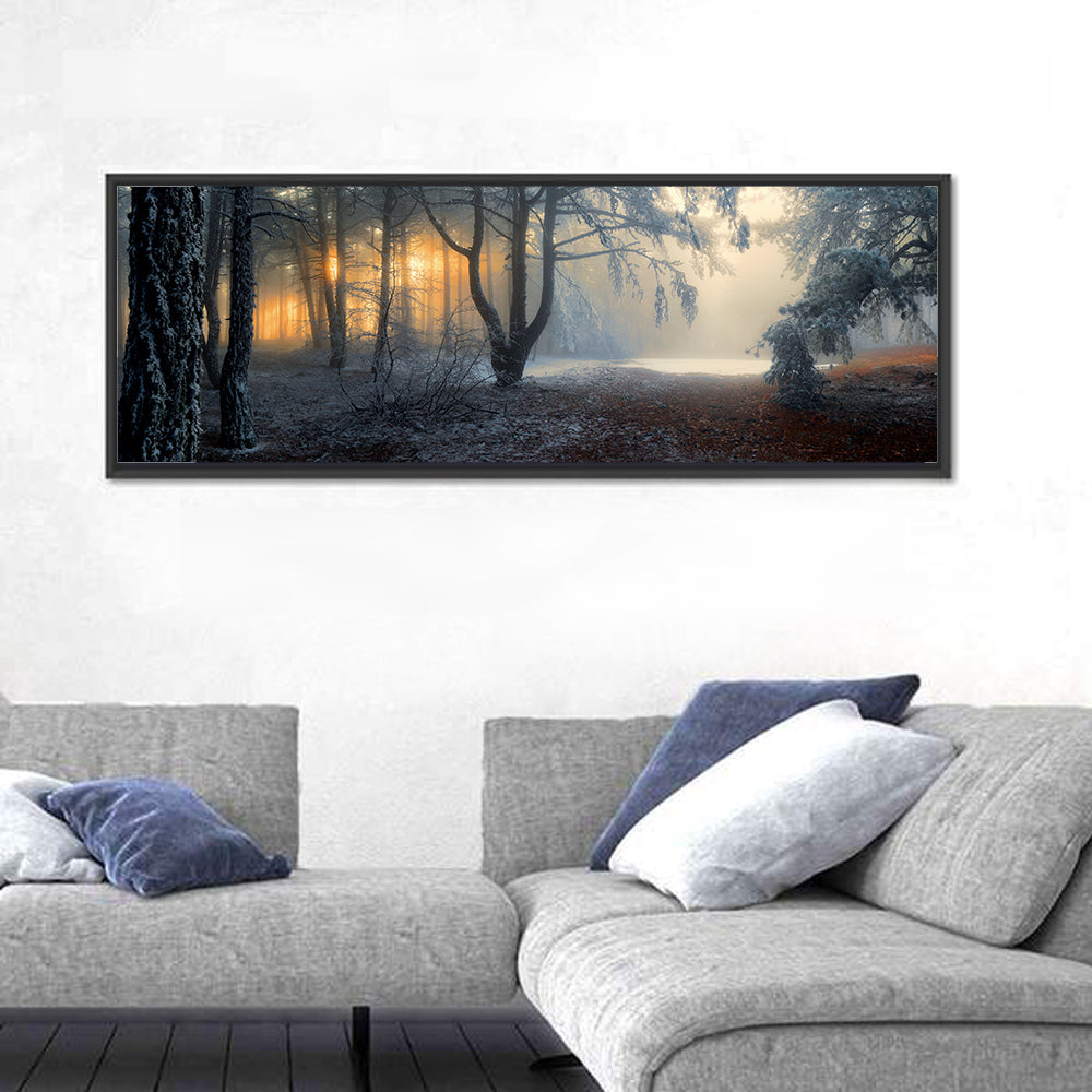 Frosted Forest Morning Light Wall Art in a room, panoramic