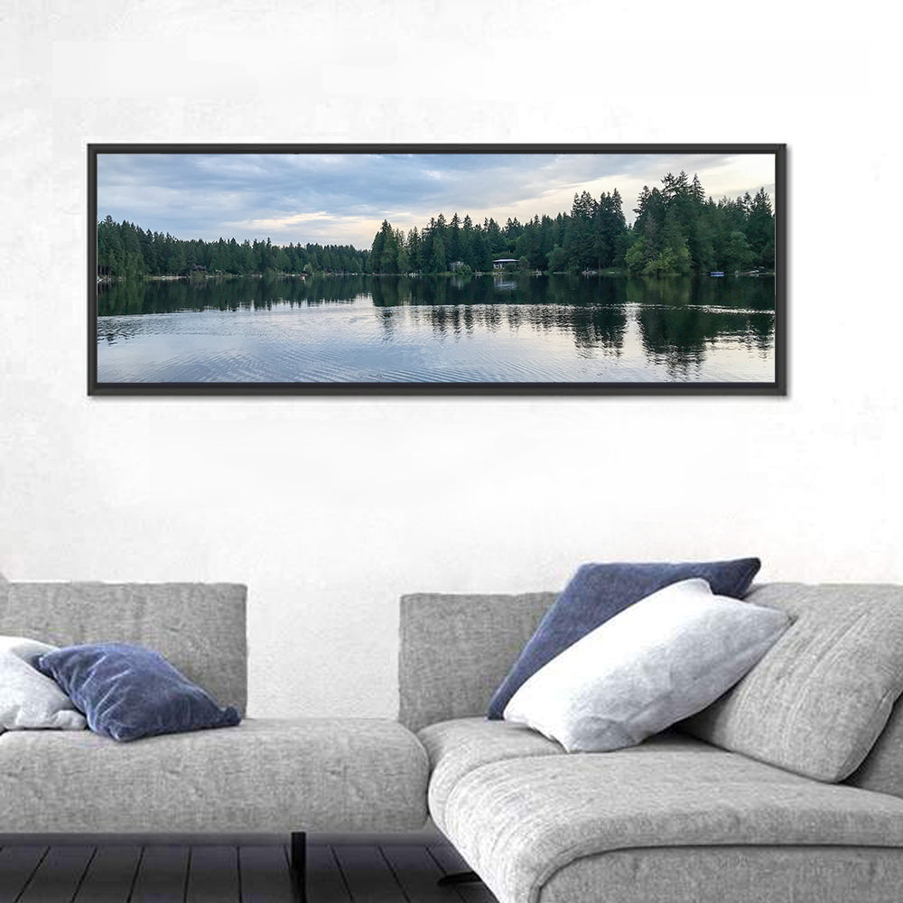 Beaver Lake Park Sunrise Reflection Wall Art in a room, panoramic