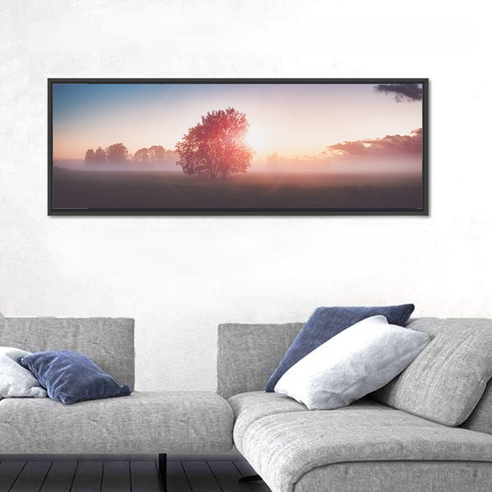 Morning Tree Silhouette Wall Art in a room, panoramic