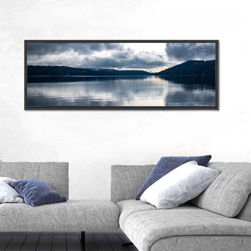 Coeur D'alene Lake Reflection Wall Art in a room, panoramic