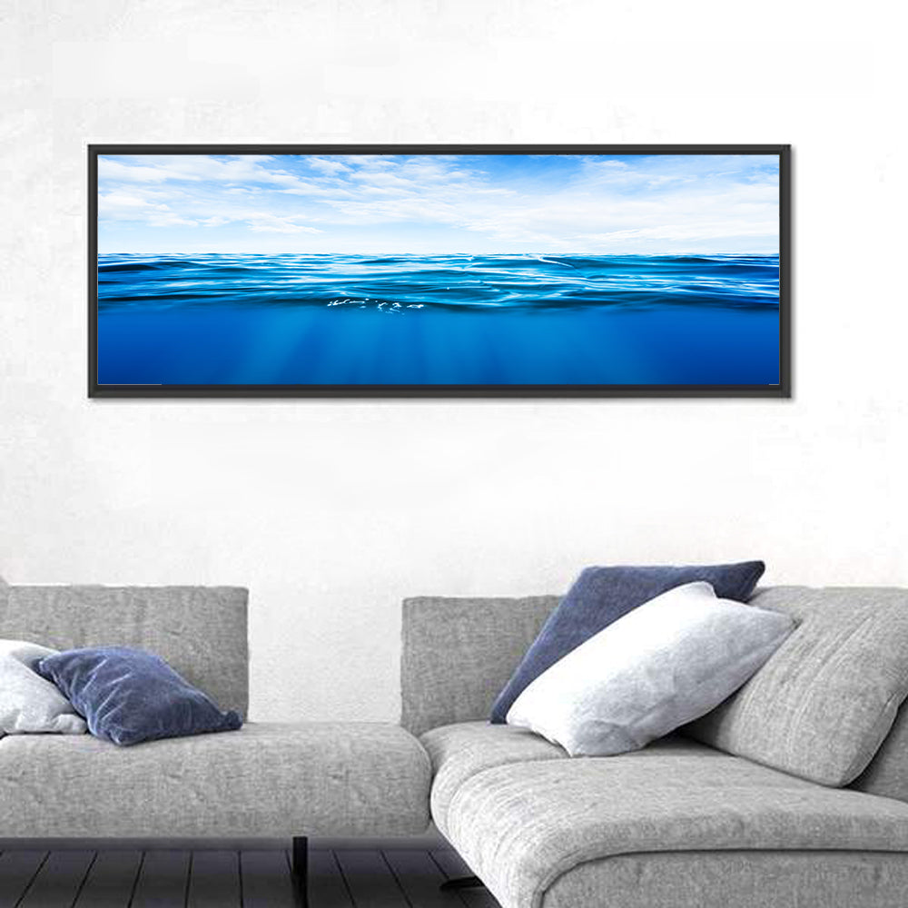 Split-level Ocean Sunlight Wall Art in a room, panoramic