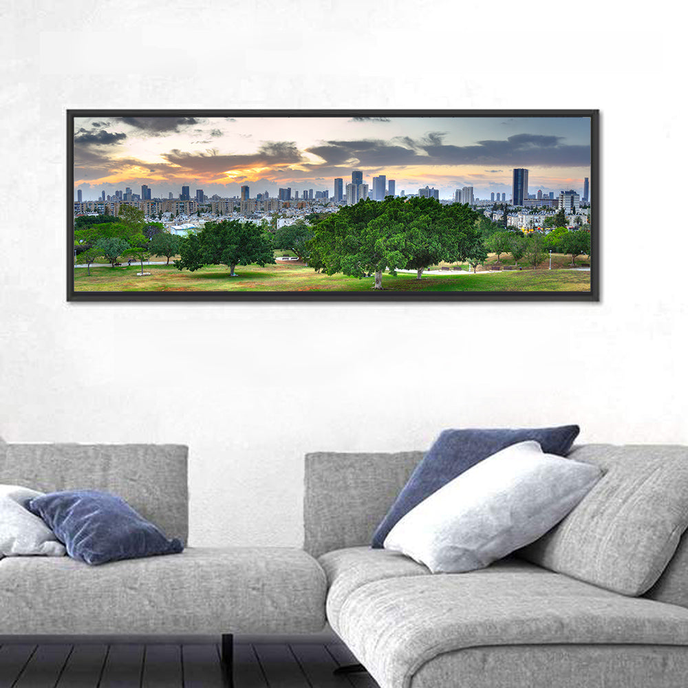 Tel Aviv Skyline at Dusk Wall Art in a room, panoramic