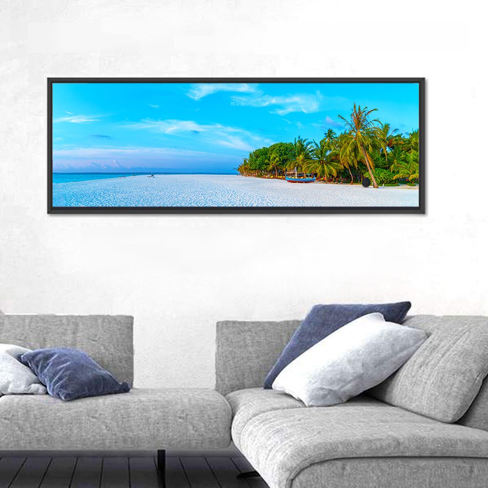 Blue Boat on Caribbean Beach Wall Art in a room, panoramic