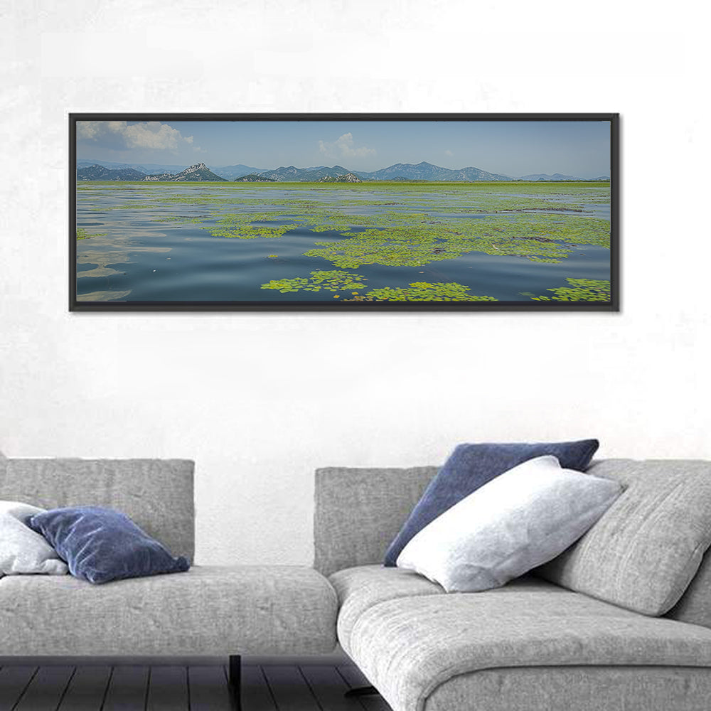 Lake Skadar Water Lilies Wall Art in a room, panoramic