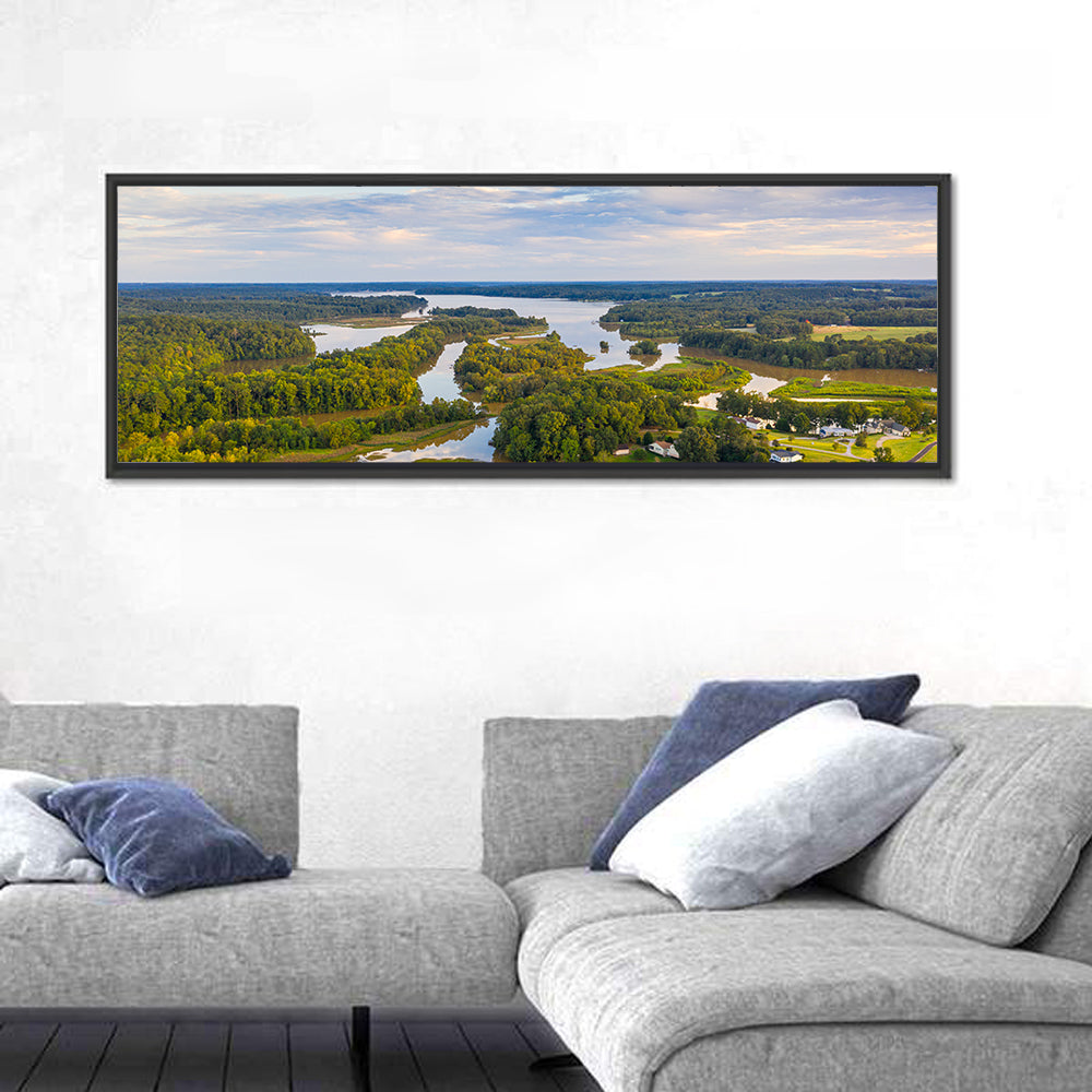 Lake Oconee Aerial Landscape Wall Art in a room, panoramic