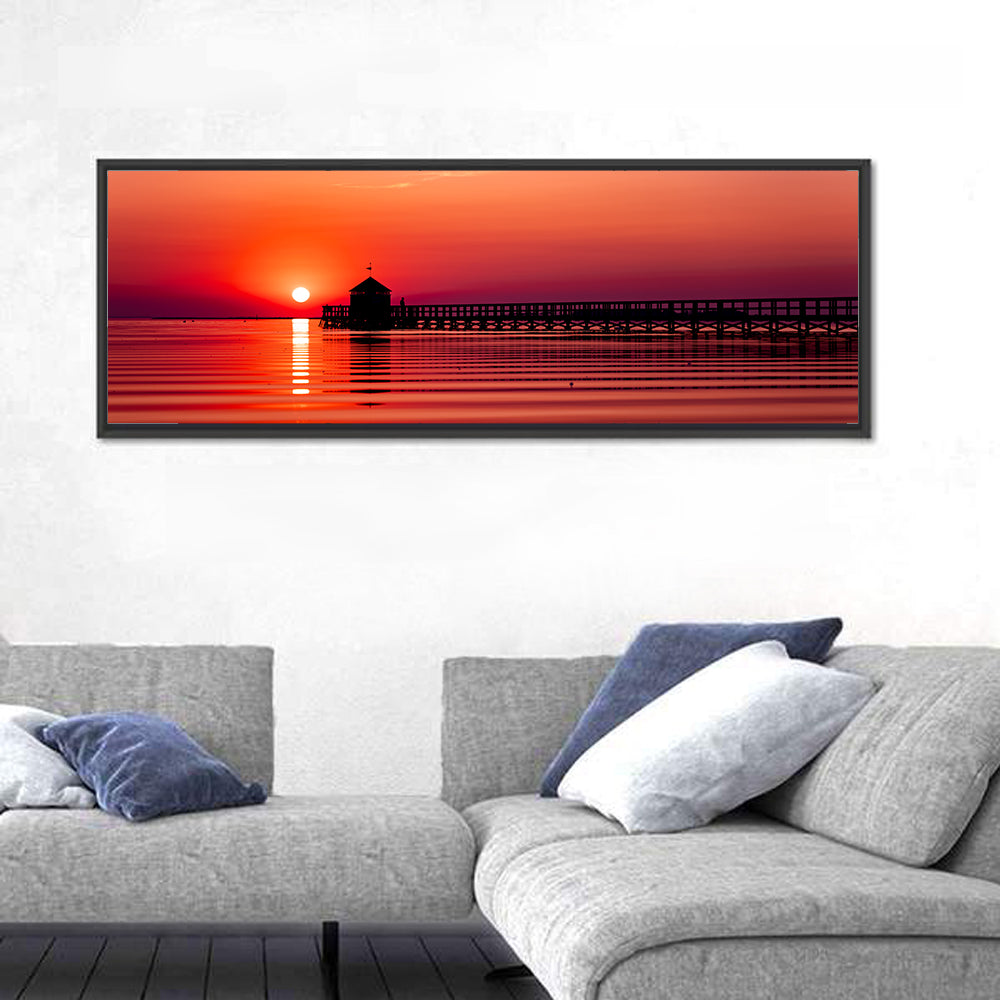 Wooden Pier at Sunset Wall Art in a room, panoramic