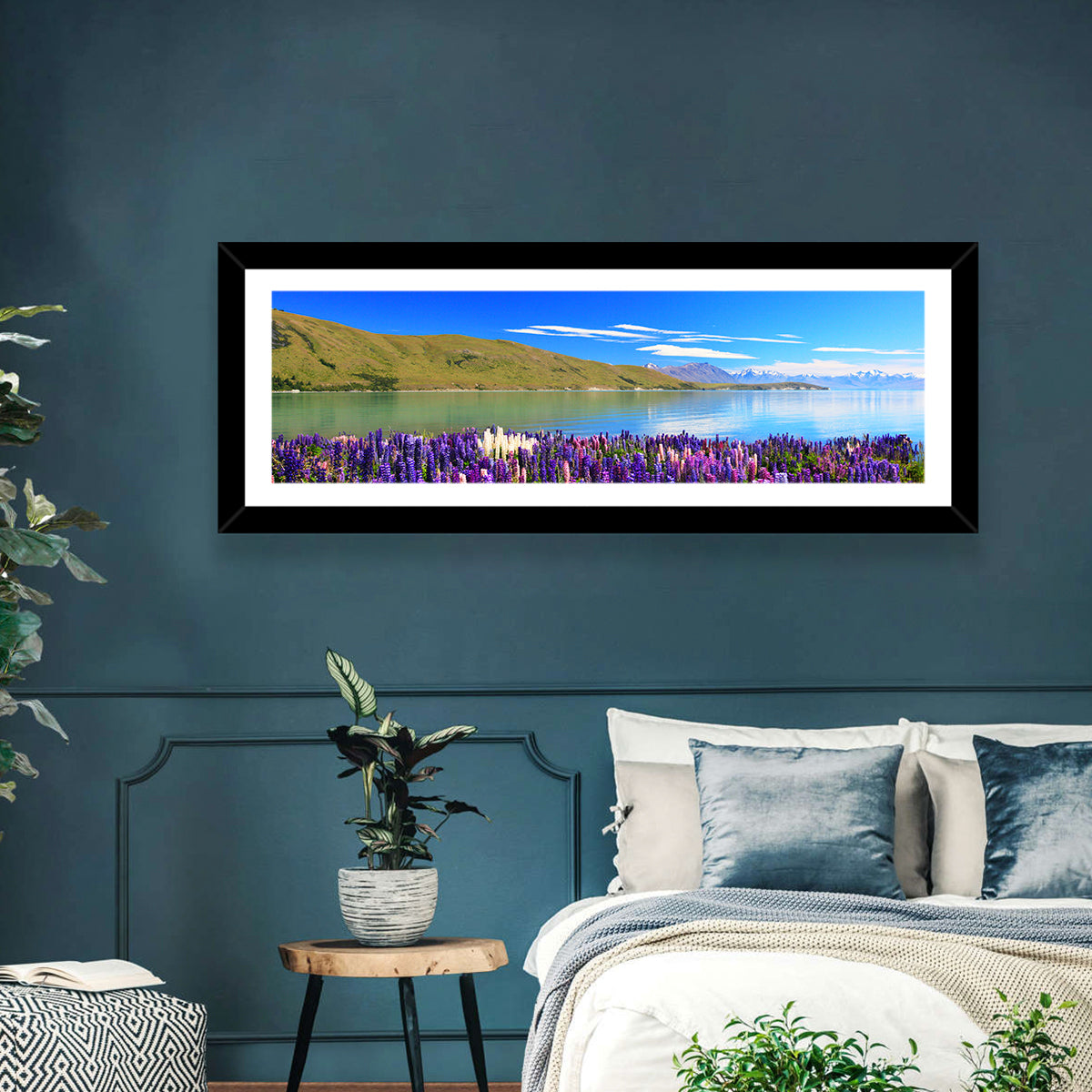 Lake Tekapo Lupine Fields Wall Art in a room, panoramic