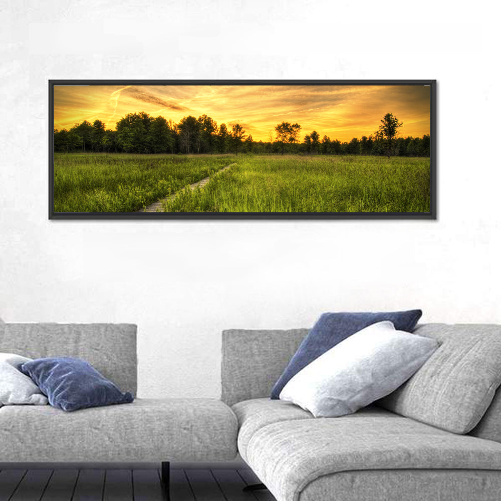 Irwin Prairie Boardwalk Sunset Wall Art in a room, panoramic