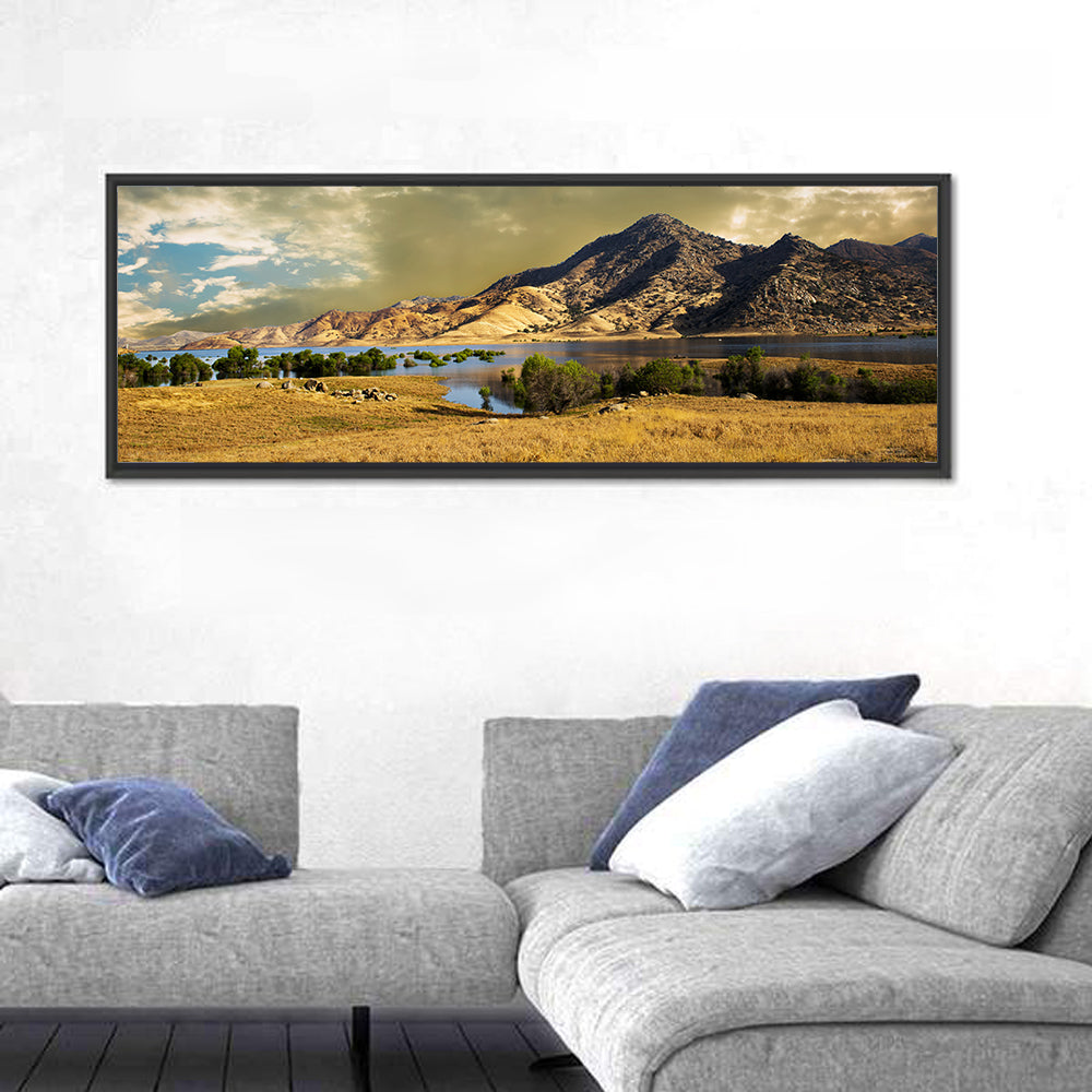 Lake Kaweah at Golden Hour Wall Art in a room, panoramic