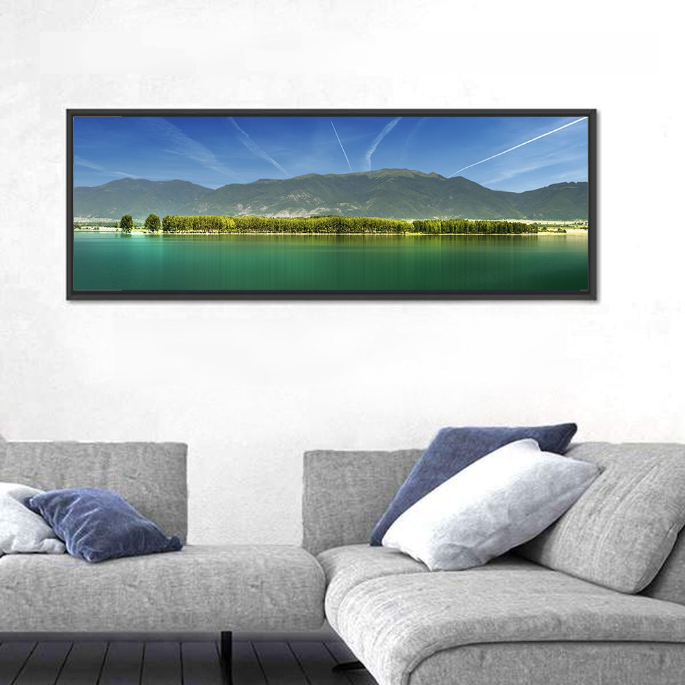 Koprinka Dam Reflections Wall Art in a room, panoramic