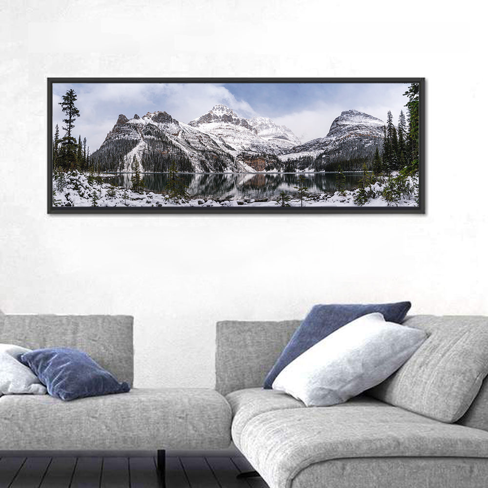 Lake O Hara Winter Reflection Wall Art in a room, panoramic
