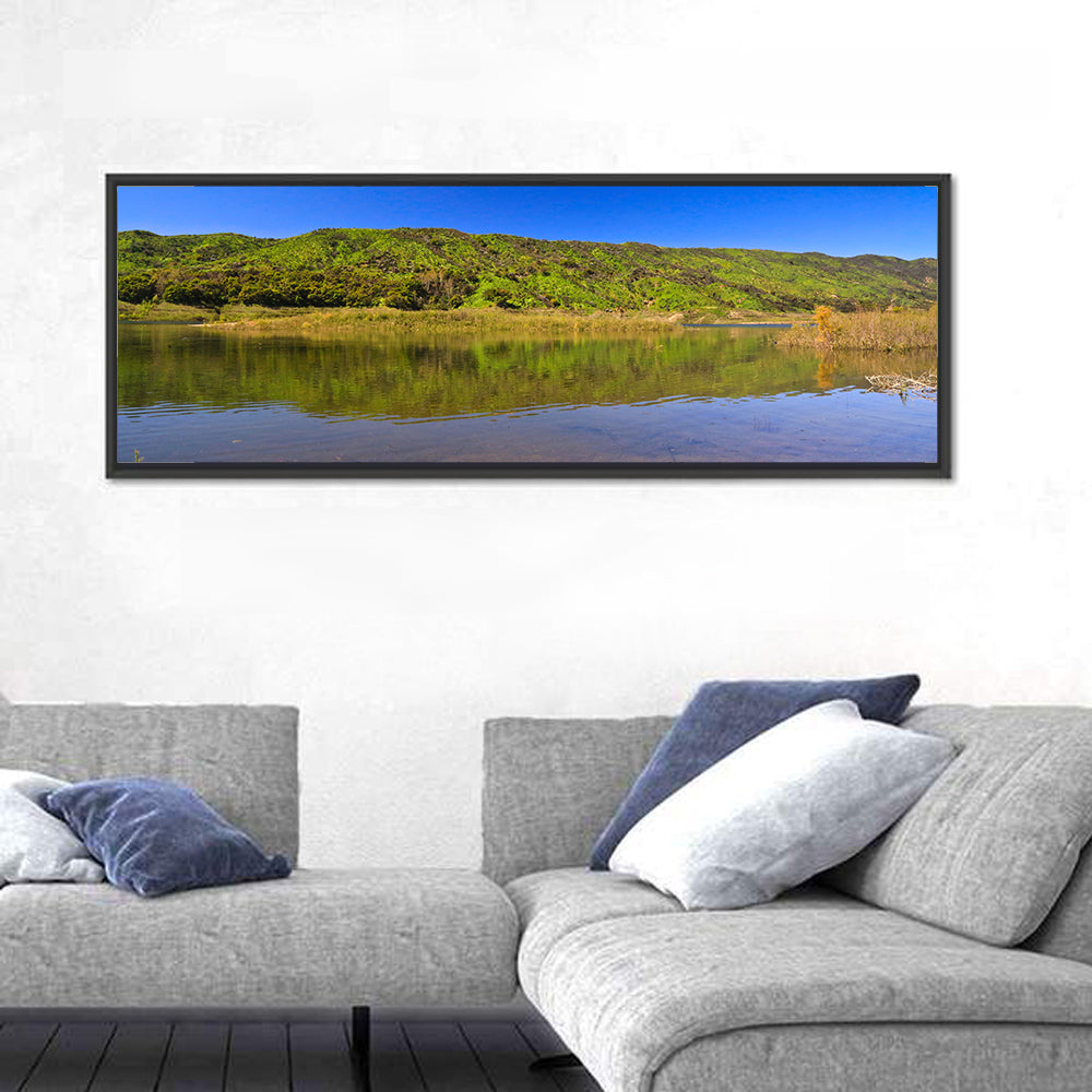 Santa Barbara Lake Reflection Wall Art in a room, panoramic