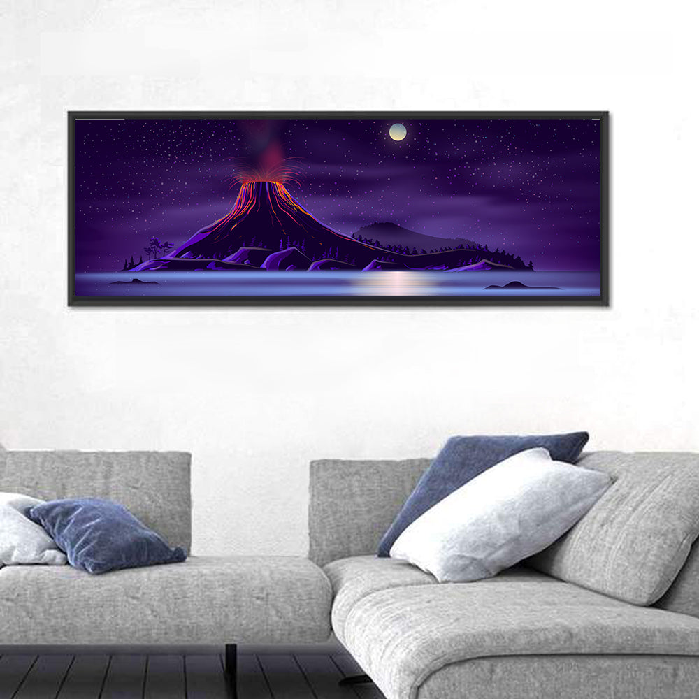 Erupting Volcano Nightscape Wall Art in a room, panoramic