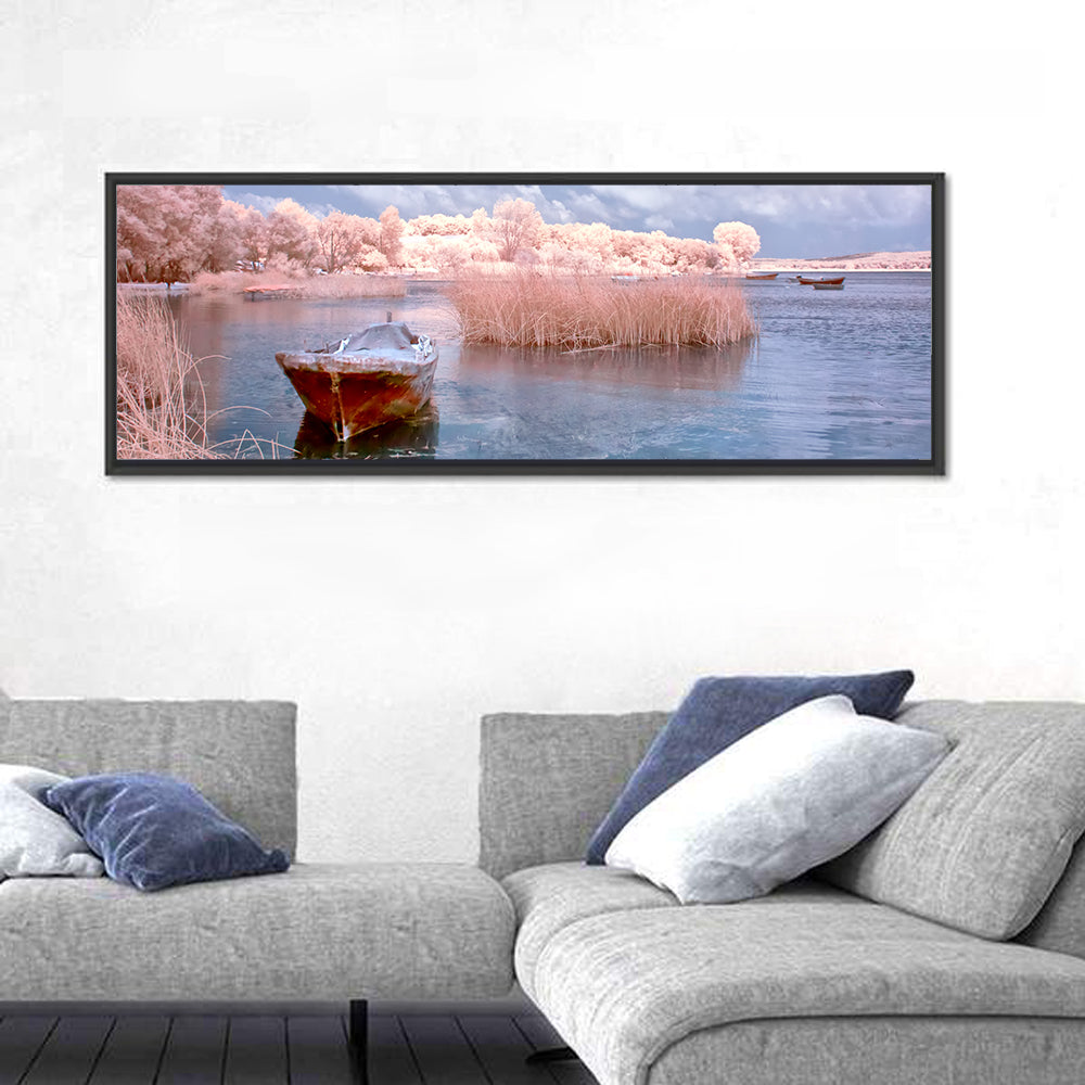 Golyazi Lake Boat Wall Art in a room, panoramic