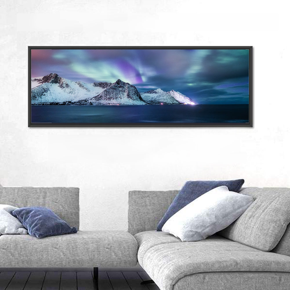Northern Lights Over Norway Wall Art in a room, panoramic