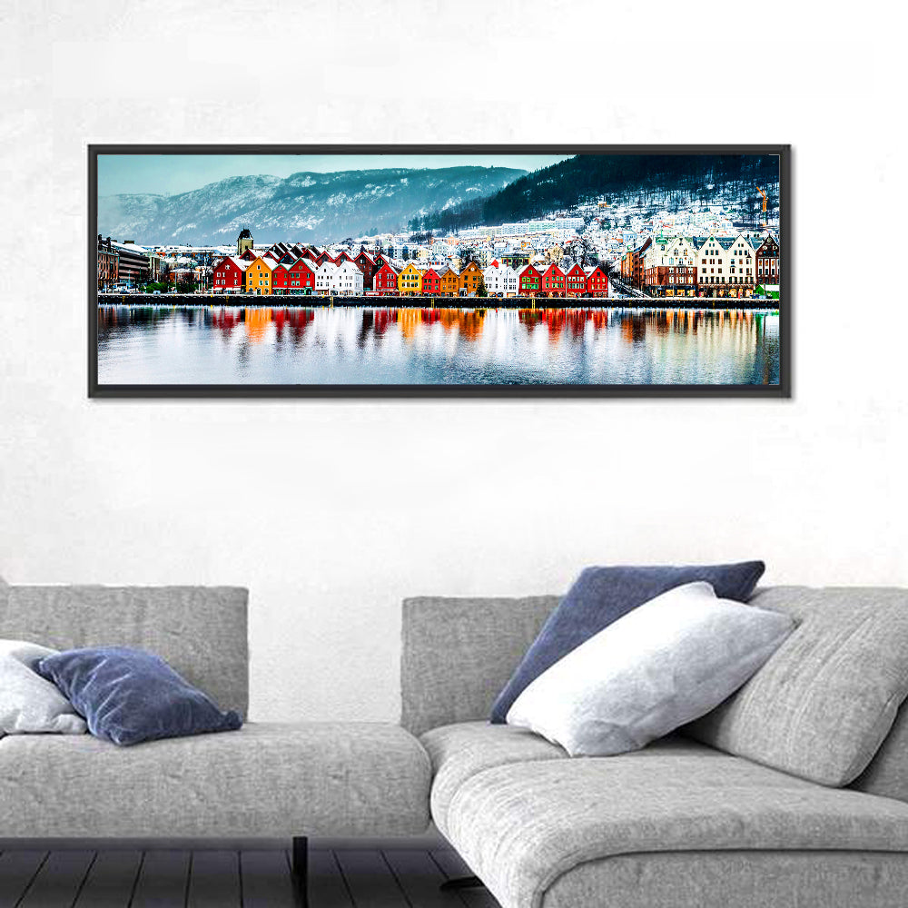 Bryggen Waterfront, Bergen Wall Art in a room, panoramic
