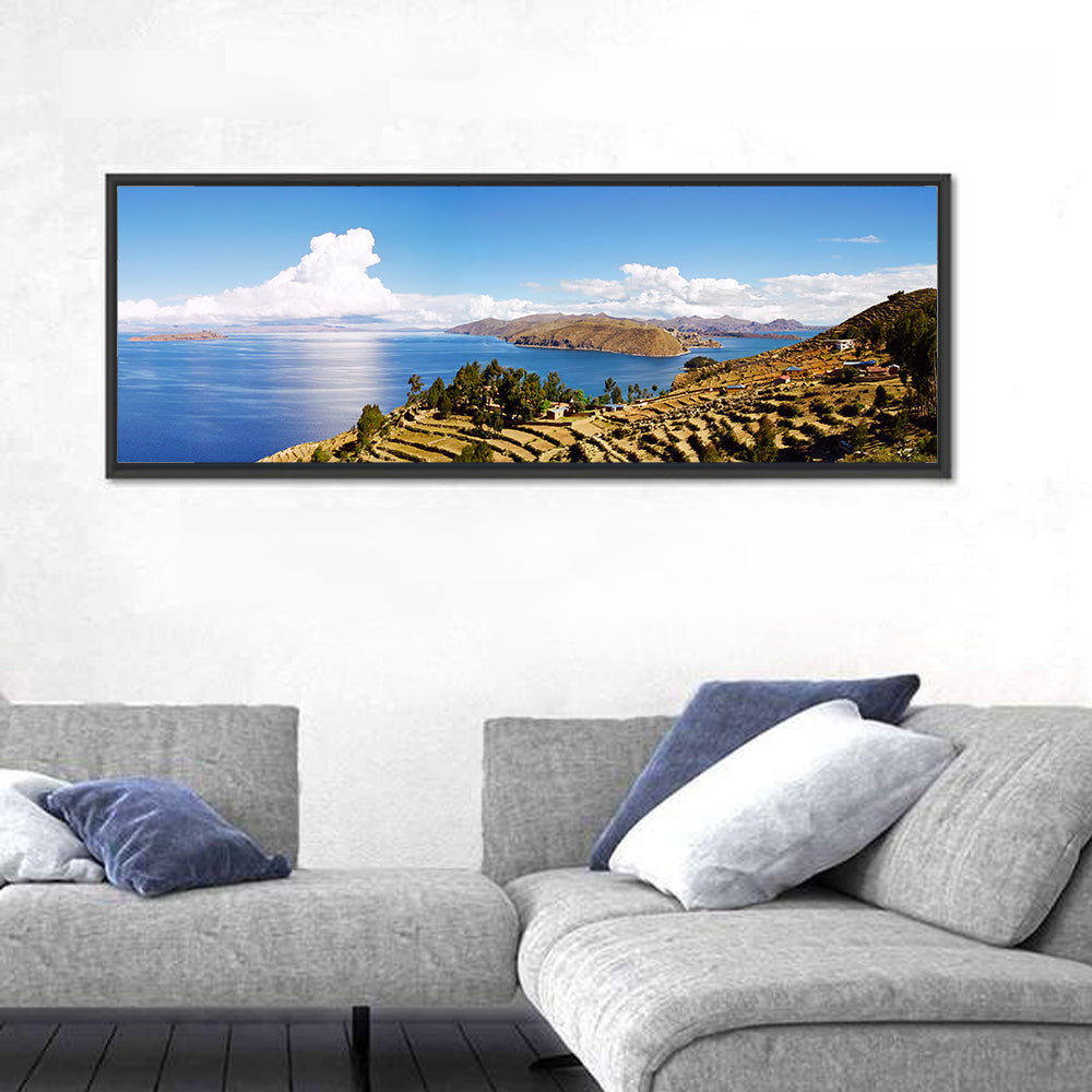 Titicaca Terraced Shoreline Wall Art in a room, panoramic