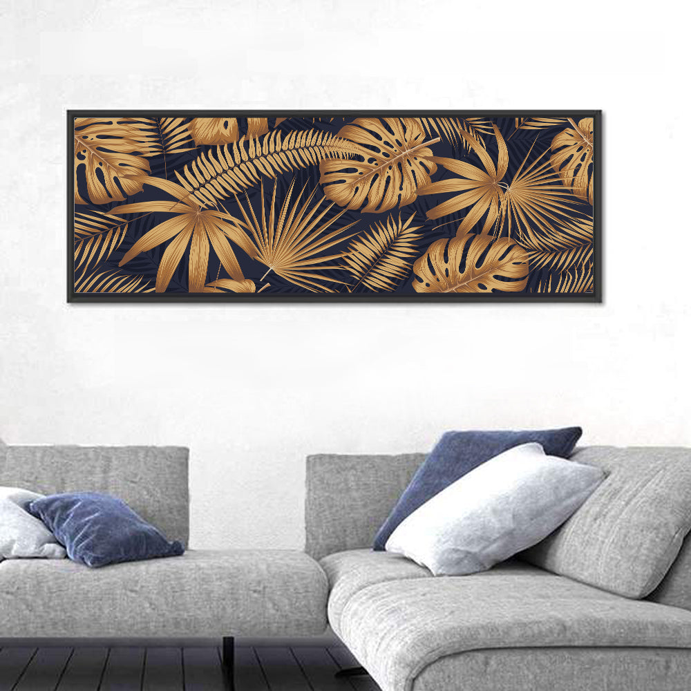 Golden Tropical Leaves Wall Art in a room, panoramic