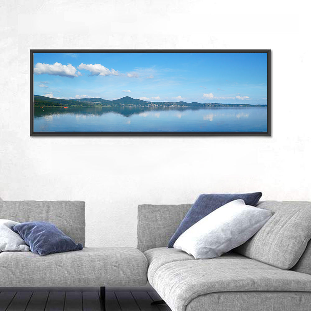 Lake Bracciano Reflection Wall Art in a room, panoramic