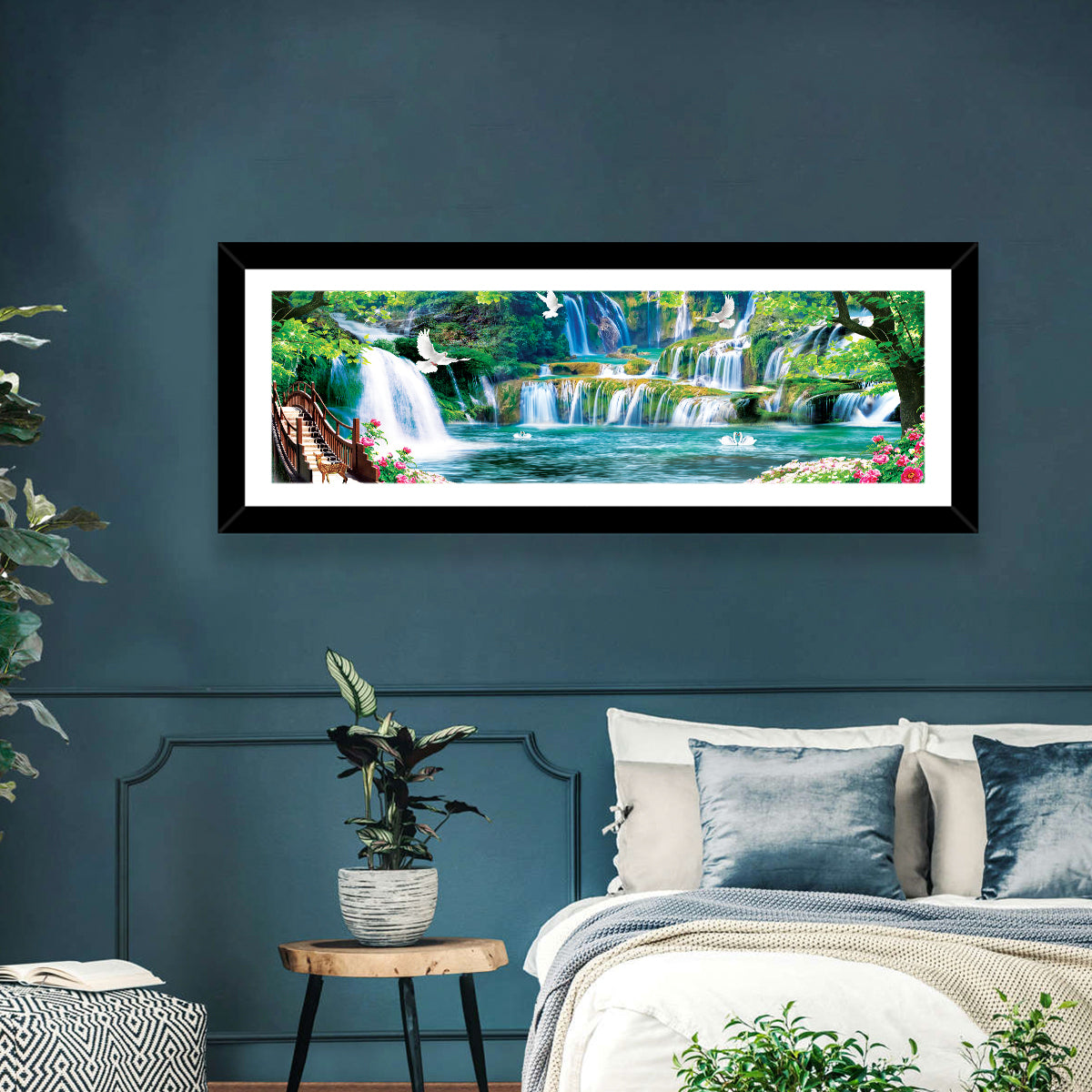 Heavenly Waterfall Scene Wall Art in a room, panoramic