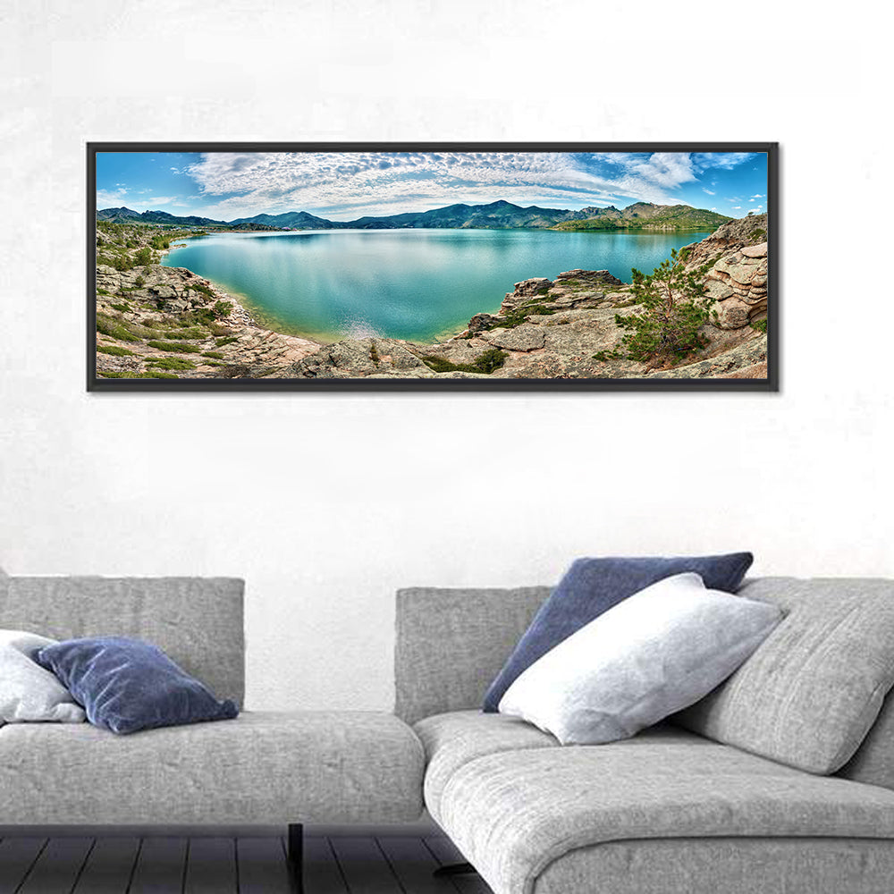 Lake Kivu Shoreline Wall Art in a room, panoramic