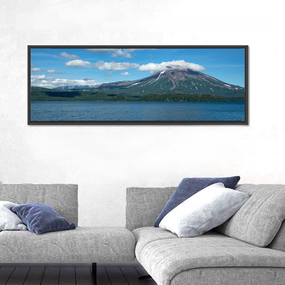 Ilyinsky Volcano Over Kuril Lake Wall Art in a room, panoramic