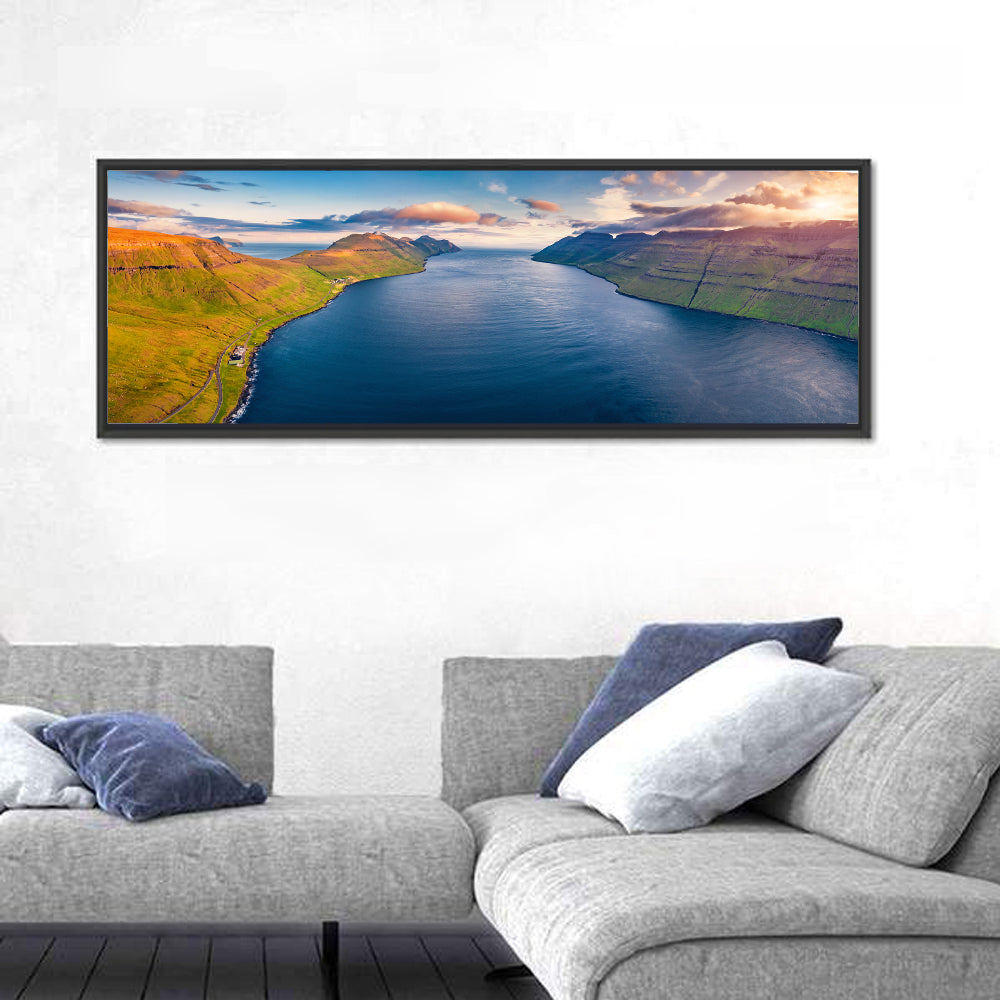 Kalsoy Island Golden Hour Wall Art in a room, panoramic
