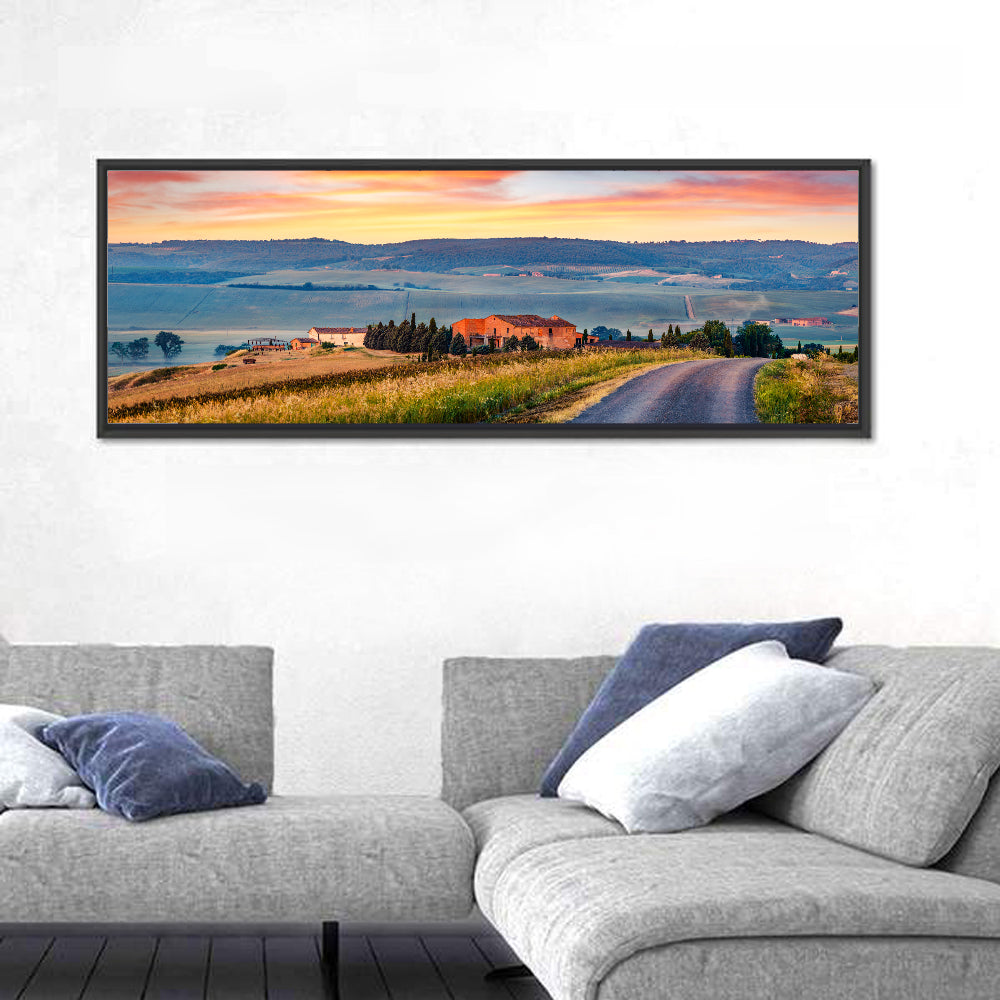 Tuscan Country Road Wall Art in a room, panoramic