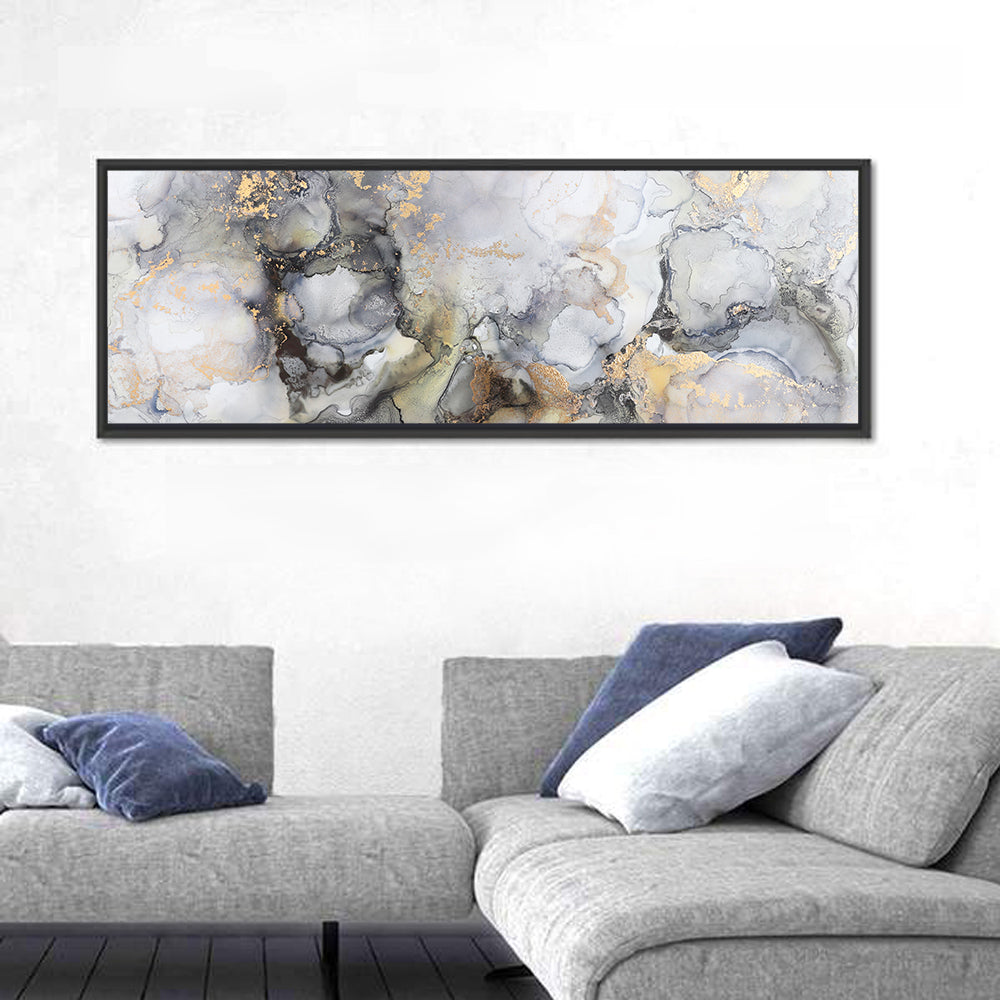 Gold Foil Marble Abstract Wall Art in a room, panoramic