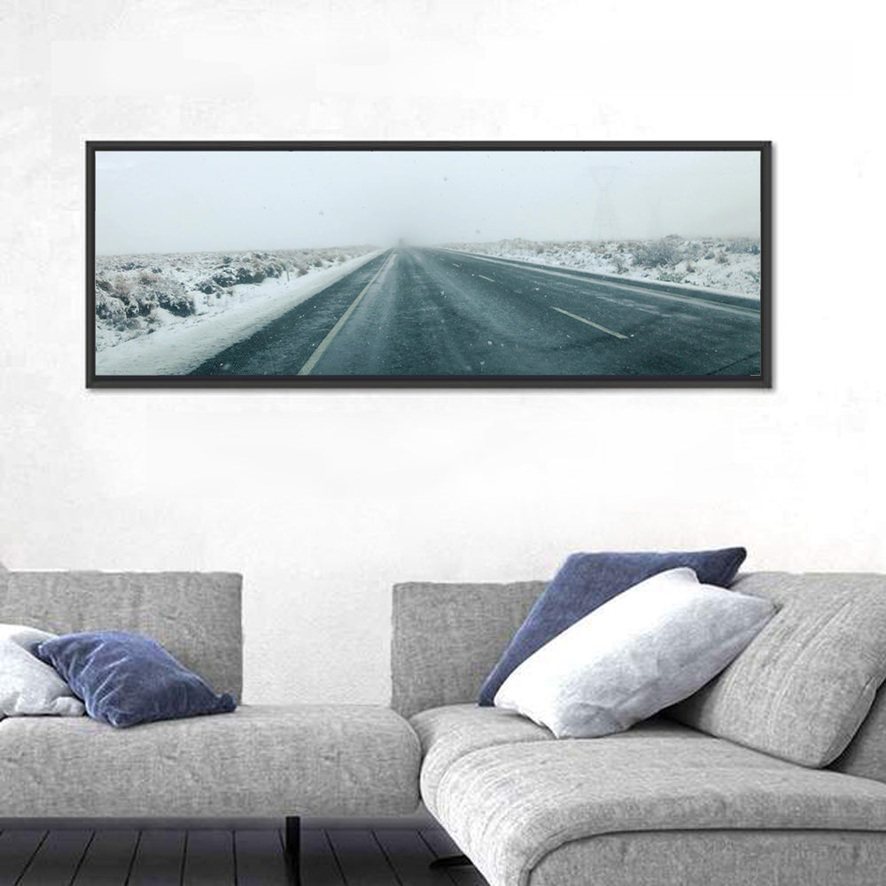 Foggy Winter Mountain Road Wall Art in a room, panoramic
