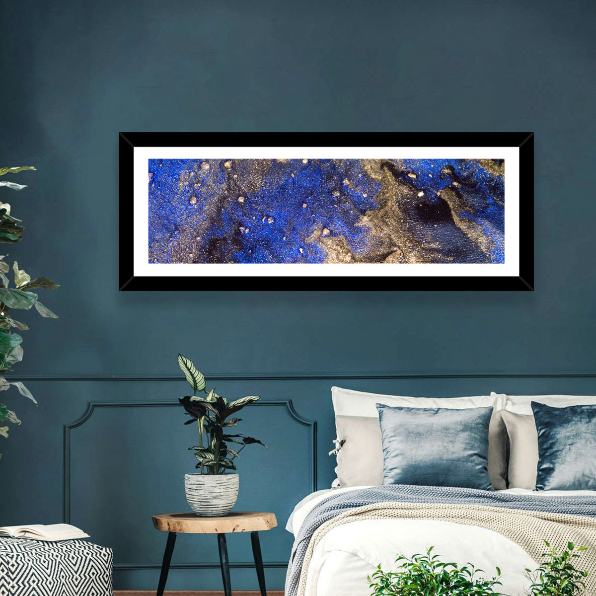 Blue Rush Abstract Wall Art in a room, panoramic