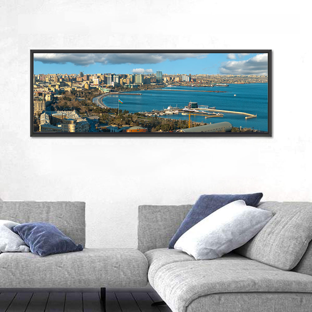 Baku Waterfront Skyline Wall Art in a room, panoramic