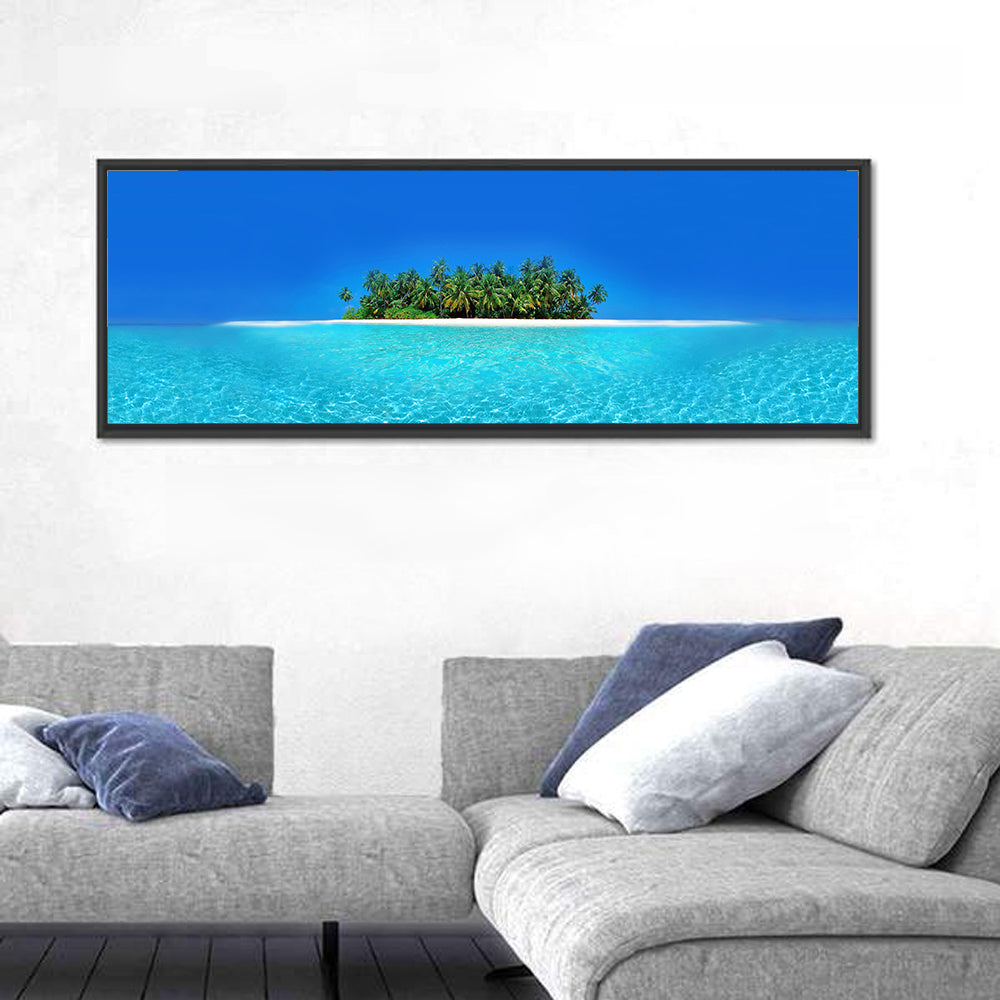 Turquoise Atoll Sandbar with Palm Trees Wall Art in a room, panoramic