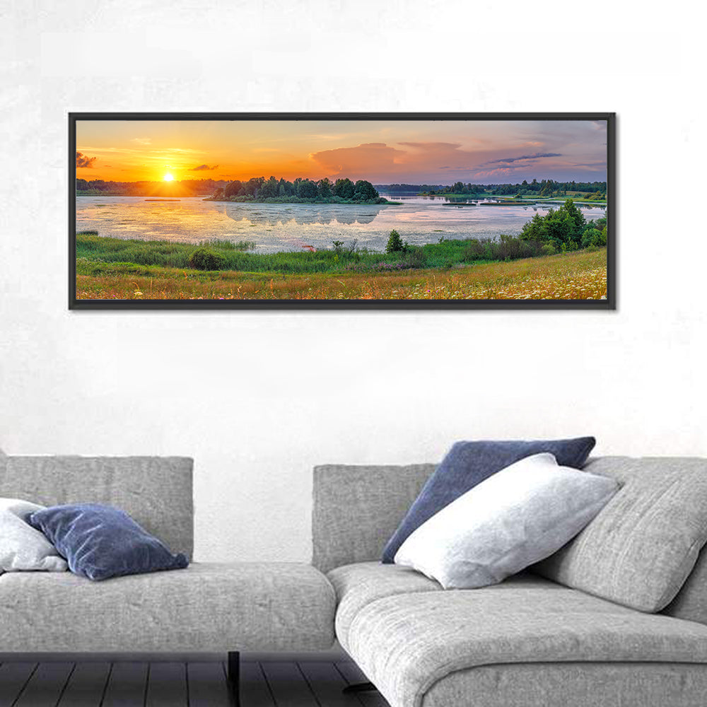 Sunset Over Lake Wall Art in a room, panoramic