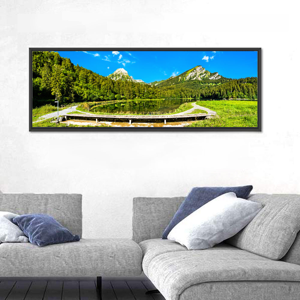 Seealpsee Footbridge Alpine Lake Wall Art in a room, panoramic