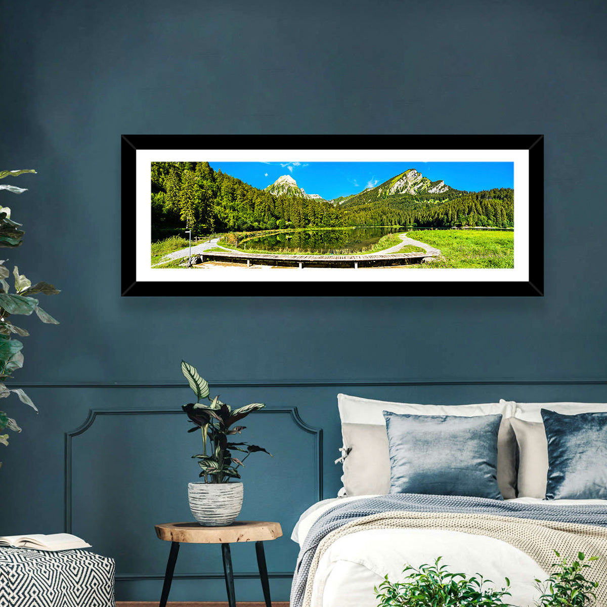 Seealpsee Footbridge Alpine Lake Wall Art in a room, panoramic