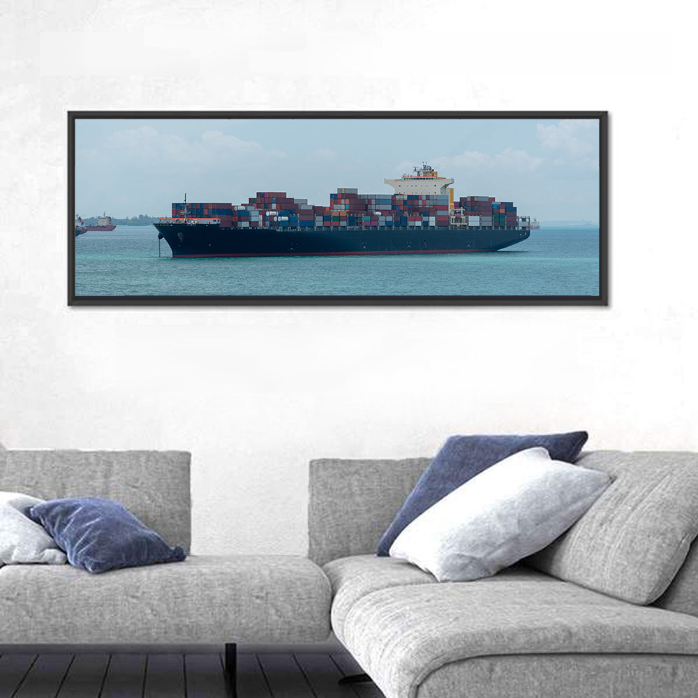Harbor Container Ship at Sea Wall Art in a room, panoramic