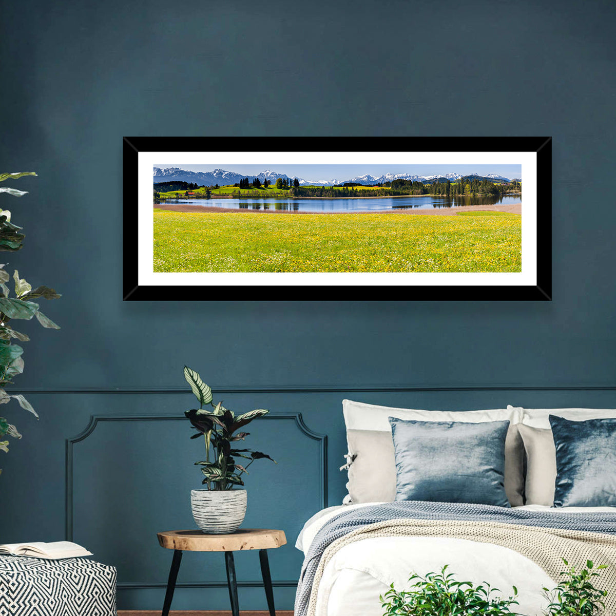 Alpine Lake Meadow with Dandelions Wall Art in a room, panoramic