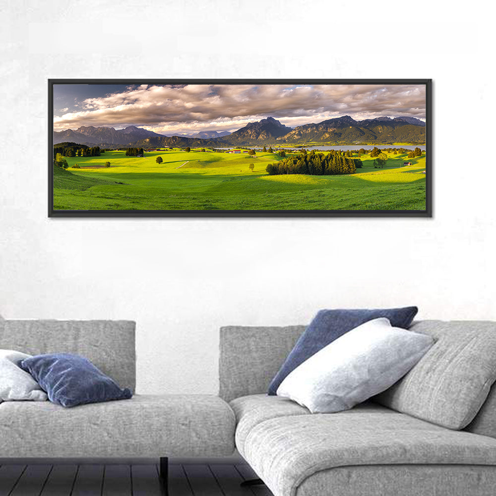 Füssen Forggensee Alpine Lake Landscape Wall Art in a room, panoramic