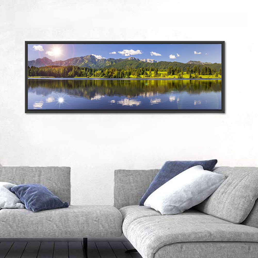 Bavarian Alpine Lake Reflection Wall Art in a room, panoramic