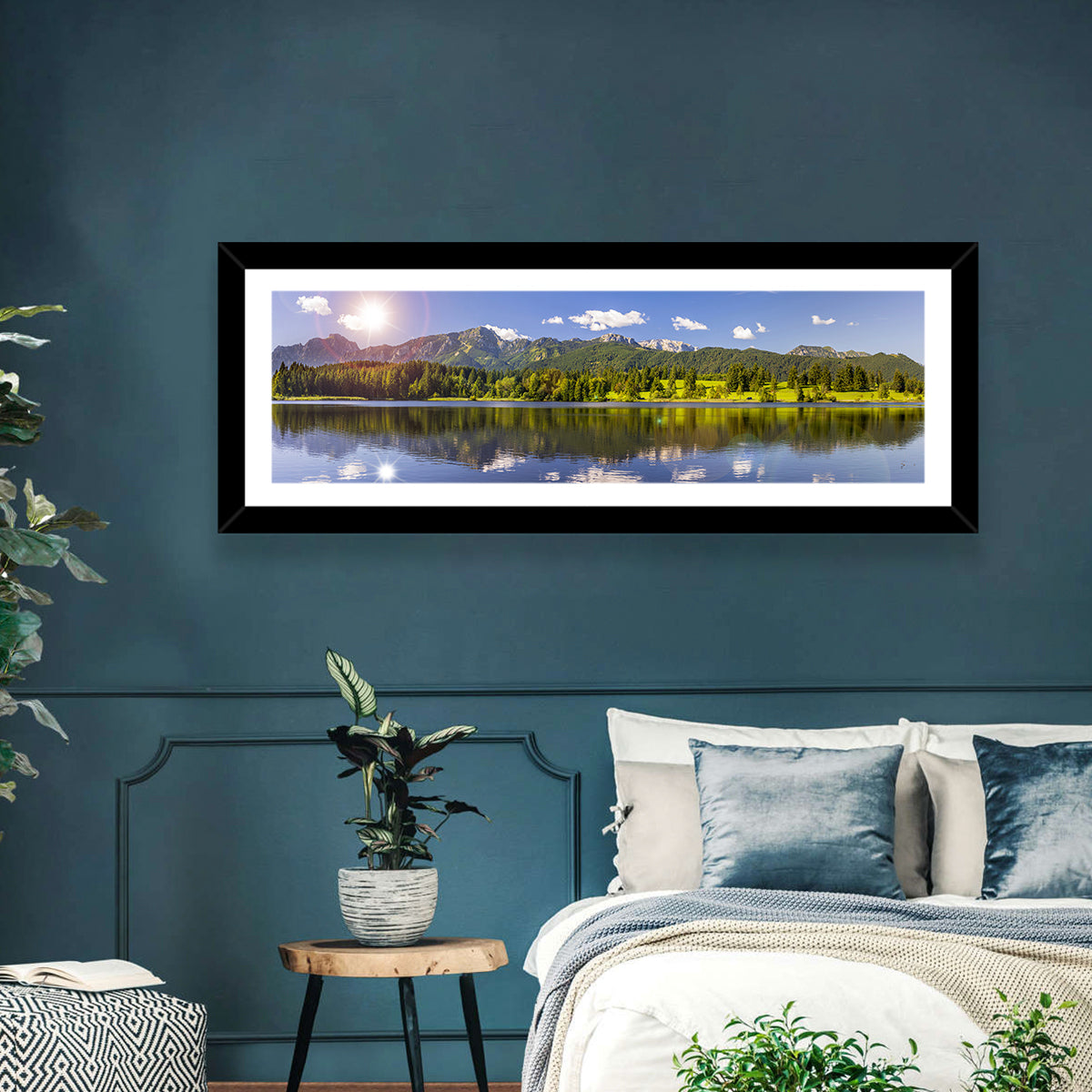 Bavarian Alpine Lake Reflection Wall Art in a room, panoramic