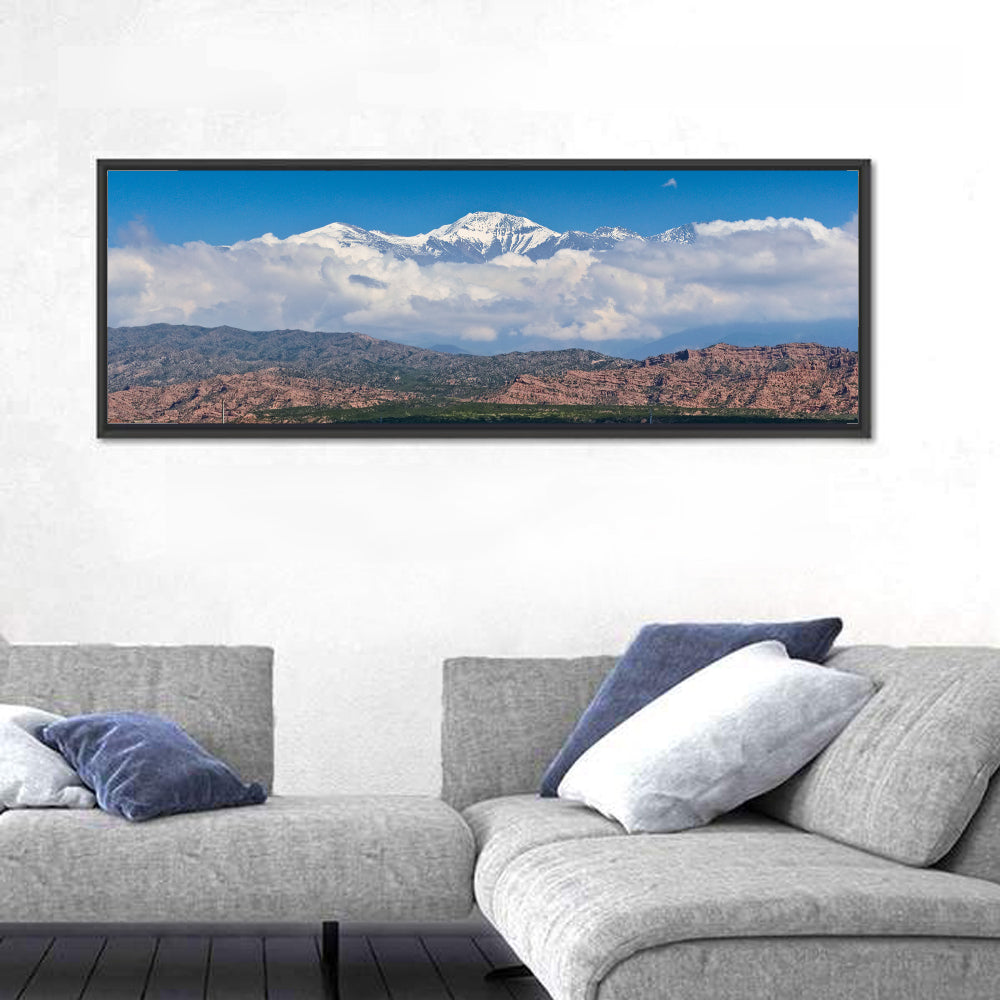 El Plata Snowcapped Peaks Above Cloud Deck Wall Art in a room, panoramic
